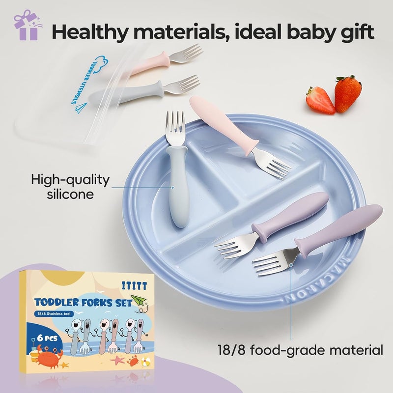 ITITT 6 PCS Toddler Forks Set - Baby Forks with Silicone Handle Children Food Grade 18/8 Stainless Steel Toddler Utensils Set for Self Feeding Kids Silverware Set Safe Anti-Choke Design Dishwasher Safe - Image 5